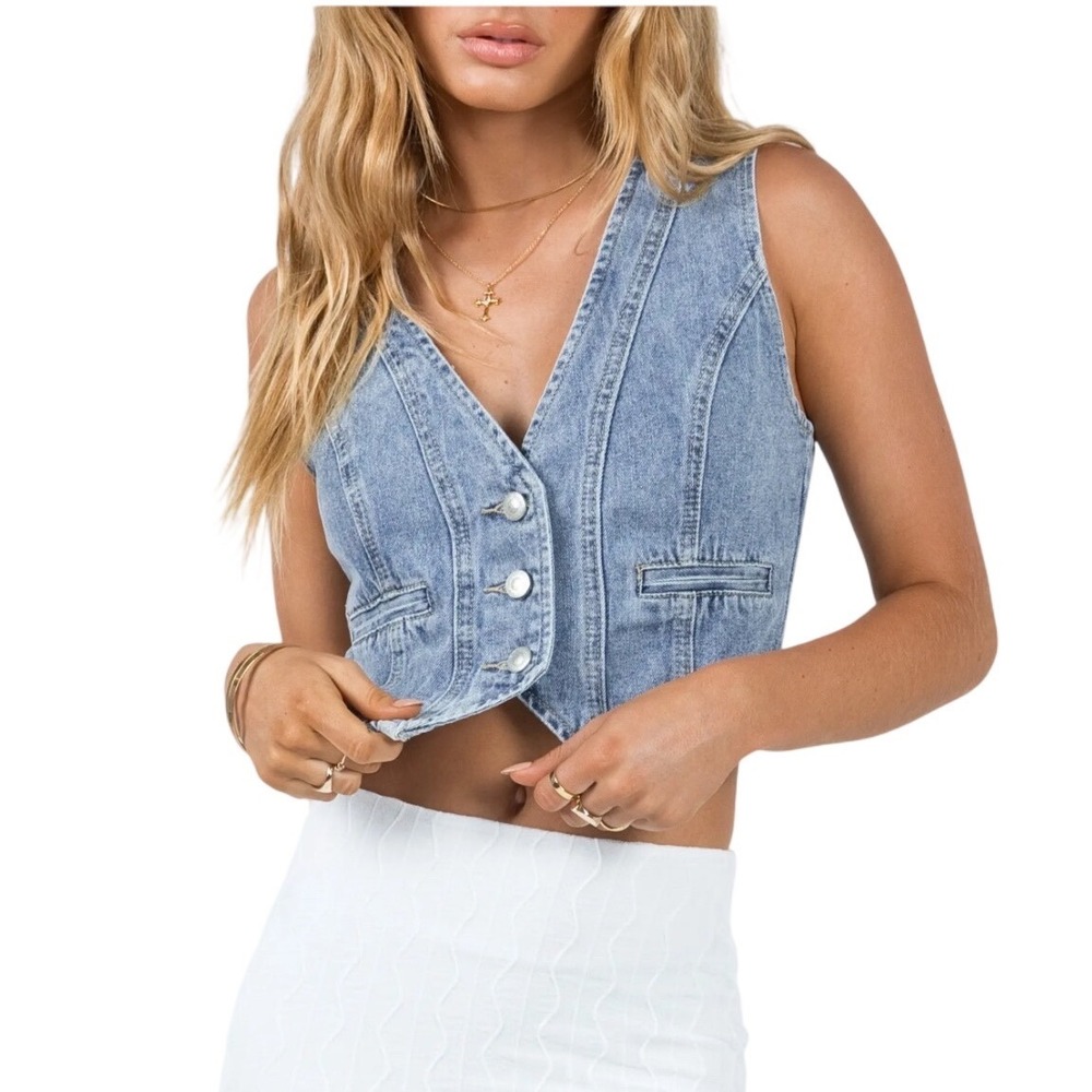 Princess Polly Burrows Denim Vest Light Wash Blue Button Front Cropped Sz 6 NEW